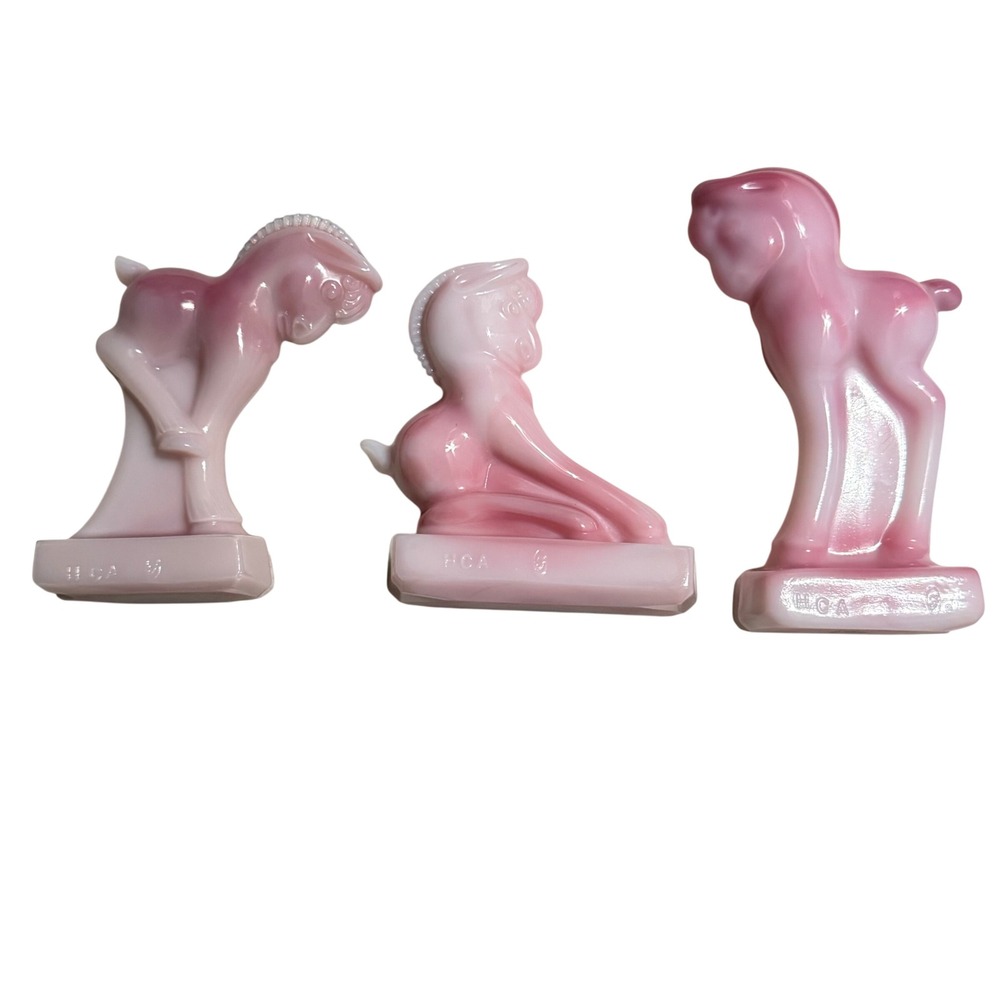 3 Vintage Heisey Fenton HCA Rosalene Pink Pony Horse Figurine 3 Balking Kicking